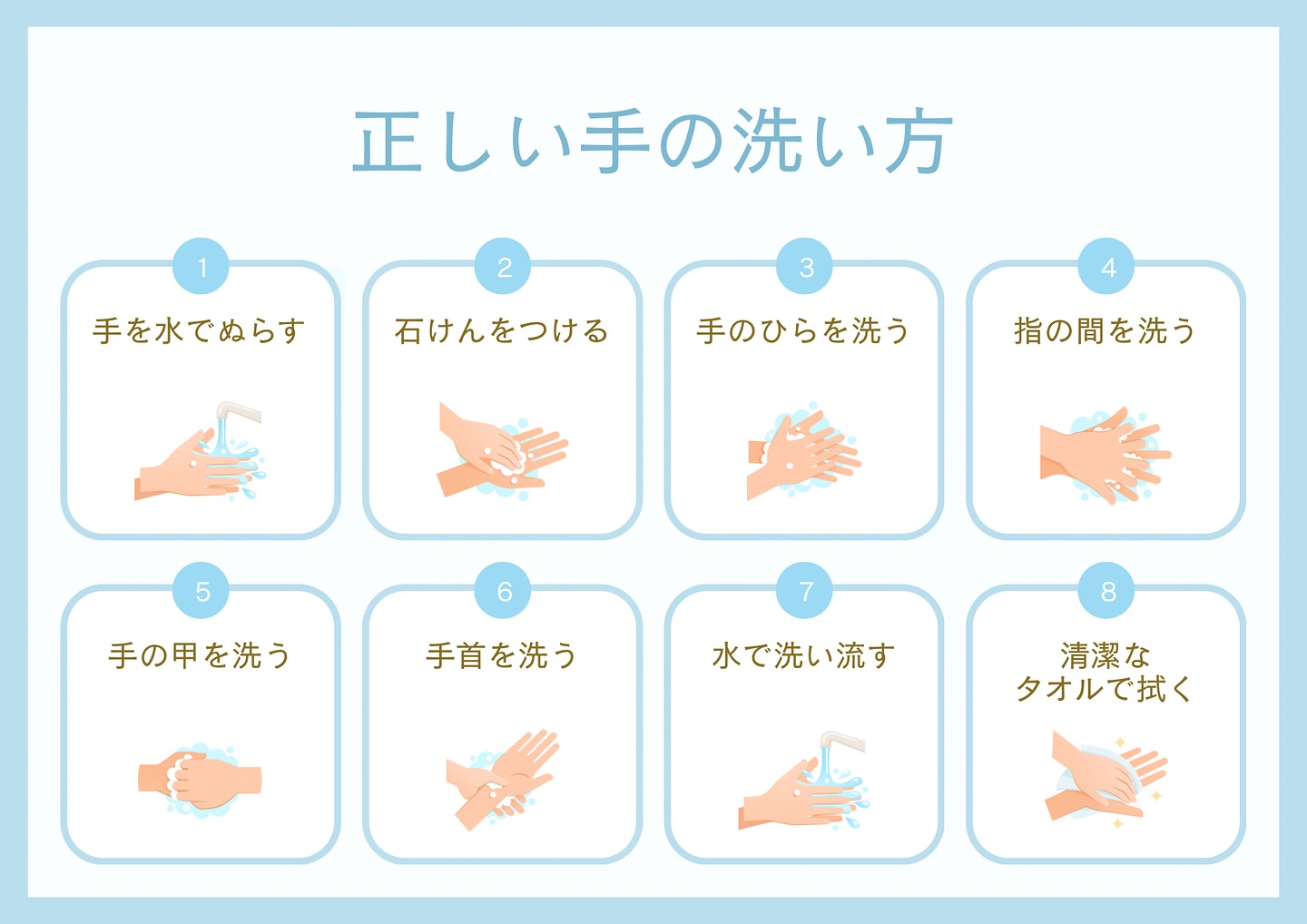 *
正しい手の洗い方 感染予防対策に関連して、正しい手洗いの手順をご紹介したいと思います。 自分自身と大切な人を、ウイルスや細菌から守るために、正しい手洗いの仕方を確認しましょう! ①流水で手をぬらす
②石けんを適量取り出し、よく泡立てる(泡で出るタイプの石けんが使いやすいです)
③手のひらをこすり合わせて洗う
④指の間をこすり合わせて洗う(親指や指の先までしっかりと洗いましょう)
⑤手の甲をもう一方の手のひらでこすり合わせて洗う
⑥手首まで丁寧にこする
⑦流水でよく洗い流す
⑧清潔なタオルなどで拭く(ペーパータオルがおすすめです) 手洗いは、外出先からの帰宅時や、調理の前後、食事前などこまめに行うと効果的です。 手を洗う前には爪は短く切り、時計は外しておきましょう。 よく泡立てた石けんで手洗いをした後は、十分に水で流し、清潔なタオルやペーパータオルなどでよく水気を拭き取って乾かします。 手洗いの時間の目安は30秒以上です。
ハッピーバースデーの歌2回分程度の長さです。 お気に入りの歌を歌いながら楽しく手洗いをしてみてはいかがでしょうか? #たなかファミリークリニック
#名張市#名張市つつじが丘#消化器内科
#苦痛の少ない#胃カメラ#大腸カメラ
#感染予防対策#正しい手洗い